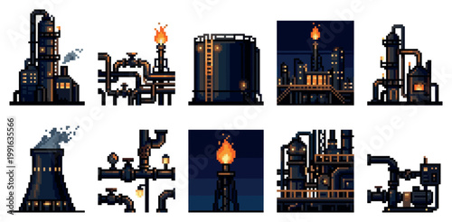 A collection of pixel art illustrations depicting various industrial factory elements like refineries, pipes, tanks, and flares, rendered in dark tones with glowing orange accents.