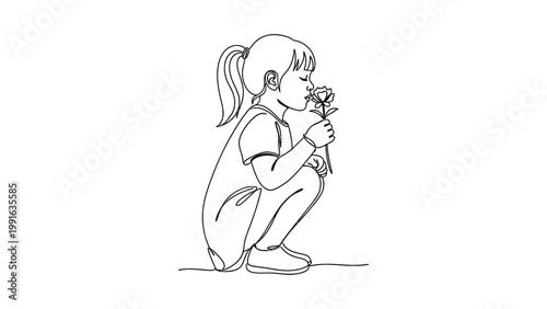 Minimalist Line Art of a Young Girl Smelling a Flower. Continuous line style. Hand drawn. Line art. Vector design. illustration