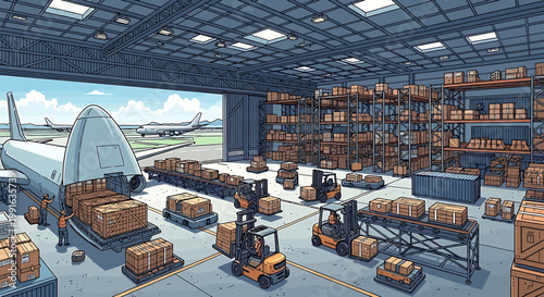 Forklifts moving boxes in warehouse loading.