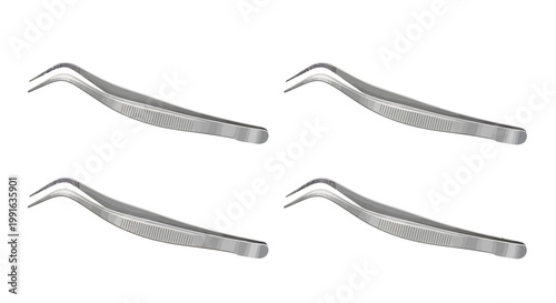 Four metal tweezers on white background.