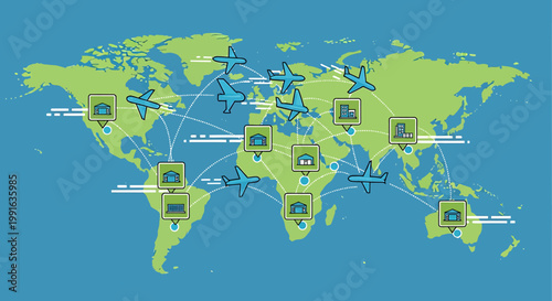 Global Network Connections Around World Map.