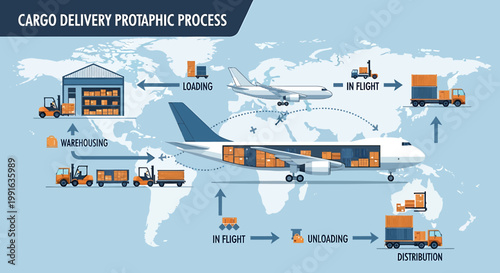 Global Cargo Delivery Process Infographic Illustrating Logistics and Transportation.