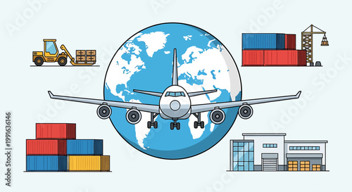 Global Transportation and Logistics - Airplane Flying Around the World.