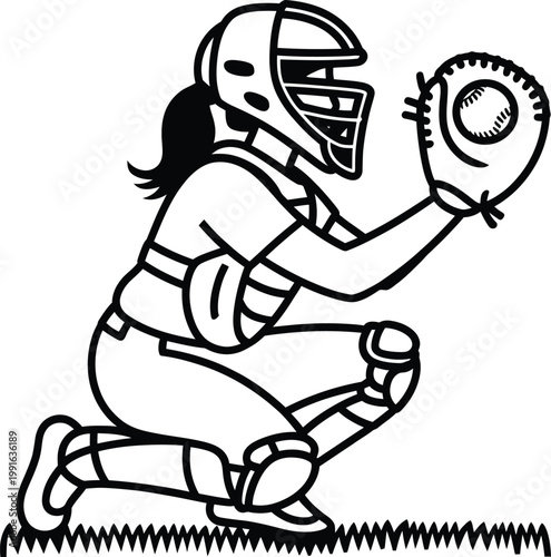 Vector illustration of a female softball catcher in a crouched position catching a ball