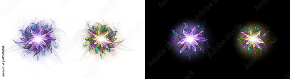 Obraz premium PNG image of&nbsp;Vibrant colorful abstract fractal star shapes radiating glowing light beams set isolated on transparent background