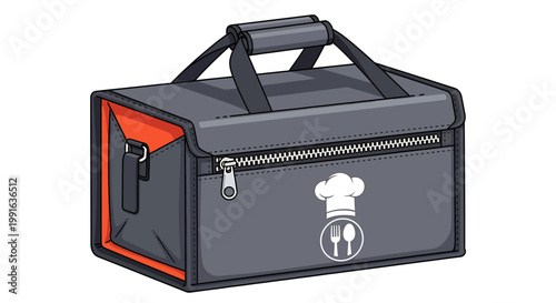 Gray insulated lunch box with handle.