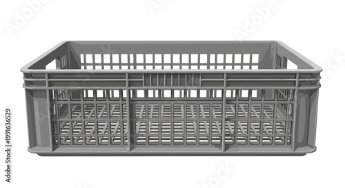 Gray plastic crate for storage.