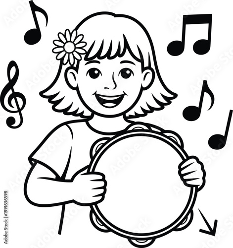 Happy young girl playing a tambourine with musical notes floating around her