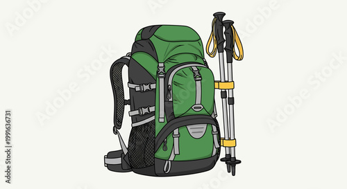 Green Backpack and Trekking Poles for Hiking Adventures.