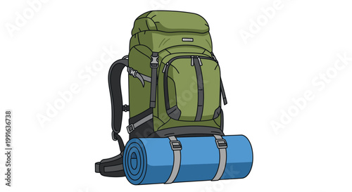 Green Backpack and Blue Sleeping Mat.