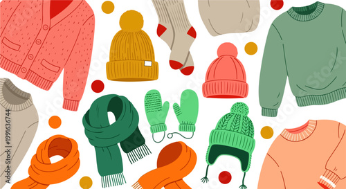 A collection of cozy winter clothing items including sweaters, hats, scarves, and mittens, perfect for staying warm during cold weather seasons.