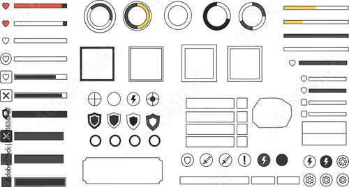Game UI Elements and HUD Interface Icon Set with Health Bars Progress Indicators Buttons Panels and Status Symbols for Modern Game Design.