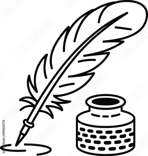 Quill pen and inkwell icon, vintage writing instrument symbol