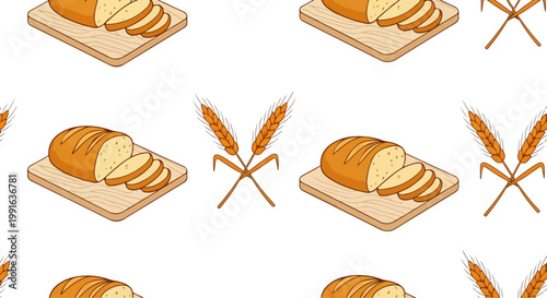 Bakery seamless pattern with sliced bread on wooden board, wheat ears background vector, rustic food illustration for packaging and textile