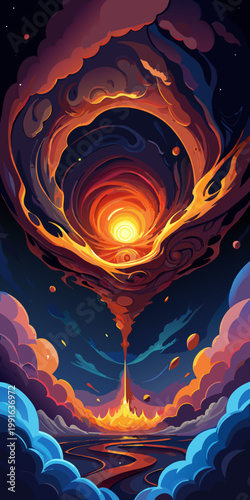 Cosmic inferno a fiery vortex descending upon a volcanic landscape