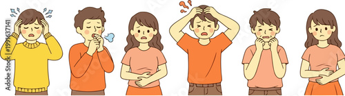 Sick people character set with various symptoms, flat vector illustration of men and women feeling unwell, medical health icons showing pain and illness