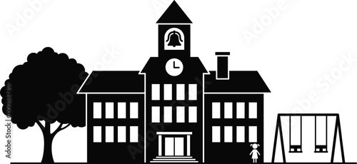 Black and White Elementary School Building with Clock Tower Bell Playground Swings Tree and Child Silhouette Icon for Education Back to School Campus Designs