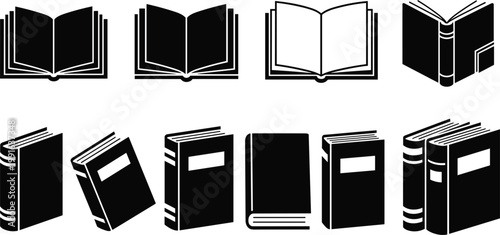 Book Icon Set with Open and Closed Hardcover Designs for Education, Library, Reading, Publishing, and Digital Learning Applications