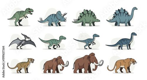 Collection of prehistoric animals including dinosaurs and mammals.
