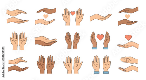Set of human hands in various gestures with hearts for charity and care concepts.