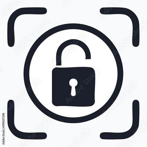 Minimalist hand drawn unlocked padlock icon in focus frame vector