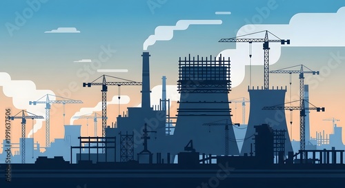 Industrial factory and construction site silhouette at sunset