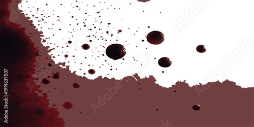 A grunge art illustration featuring a red paint splash design with liquid ink splatters, blood-like stains, and messy spray drops on a textured paper background