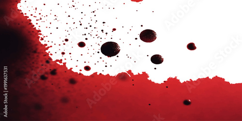 A red liquid splash and blood ink droplets form a grunge heart illustration on a white background with a decorative paint splatter texture for Valentine art design