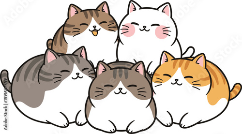 Colorful Cute Flat Vector Cat Icons Set of Chubby Kawaii Kittens Group for UI Design, Emoji, Sticker and Graphic Projects