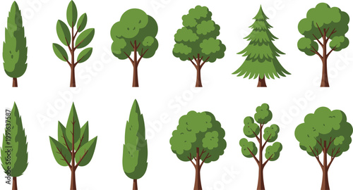 Cartoon Tree Vector Set Featuring Various Forest and Garden Trees in Flat Style for Landscape Design, Nature Illustration, Environment Graphics, Map Elements, and Eco Themed Projects