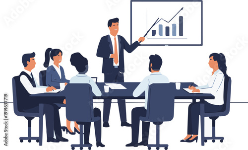 A confident businessman presents business growth statistics to a diverse team of attentive colleagues in a professional meeting environment.