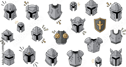 Medieval Armor and Helmet Icon Set with Knight Shields Protective Gear Chestplates and Battle Equipment for Fantasy Game Design and Warrior Themes.