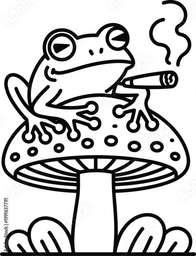 Cool frog sitting on a mushroom smoking a joint, line art illustration