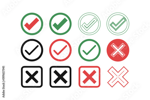 Check Mark and Cross Icon Set: Tick and X Sign Symbols