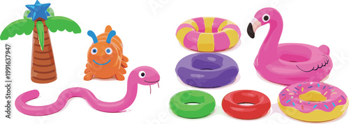 Colorful Summer Pool Float Collection with Flamingo Ring Donut Tubes Palm Tree Fish and Snake Cartoon Vector Illustration Set
