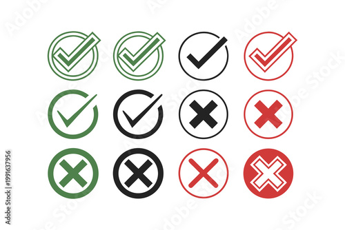 Check Mark and Cross Icon Set, Green Tick and Red X Symbols in Circles