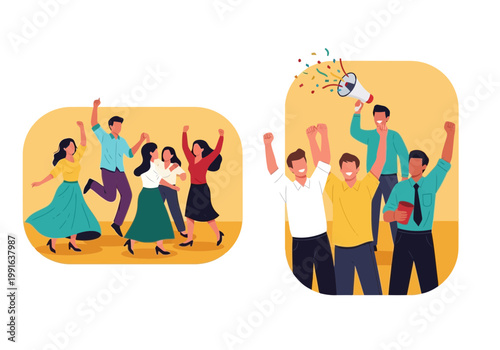 People celebrating and cheering with raised arms in a joyful atmosphere