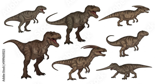 Collection of Realistic Dinosaur Illustrations on White Background.