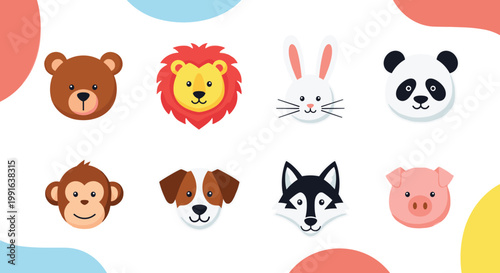 Cute Cartoon Animal Face Icons Set of Bear Lion Rabbit Panda Monkey Dog Husky and Pig for Kids UI Design Sticker and Graphic Projects