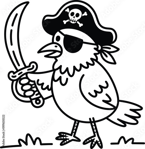 Cute cartoon pirate chicken with an eye patch and a sword