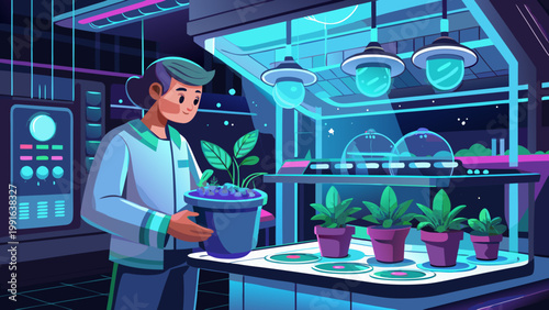 Futuristic botany a scientist tends to plants in a high tech indoor garden