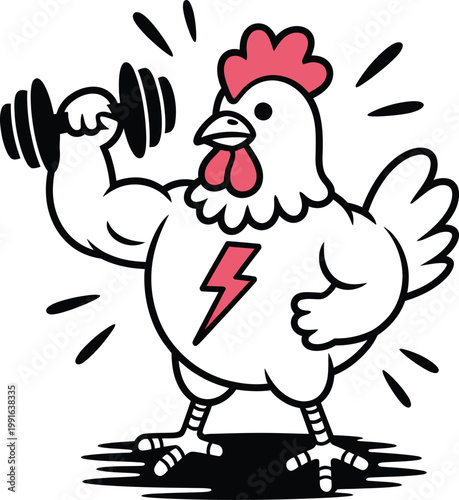 Strong cartoon chicken lifting a dumbbell, vector illustration
