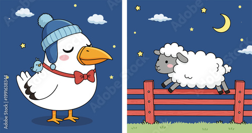Cute Cartoon Bird in Winter Hat with Sheep Jumping Fence at Night Children Illustration Farm Animal Vector Set