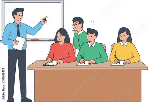 Friendly teacher pointing at the white board while group of attentive students write notes during a productive classroom study session