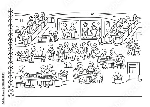 People walking and eating in a busy shopping mall food court