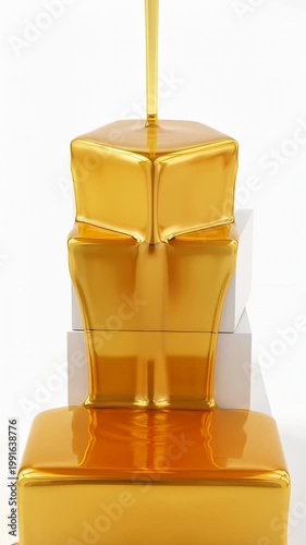 Gold liquid sculpture on geometric white blocks