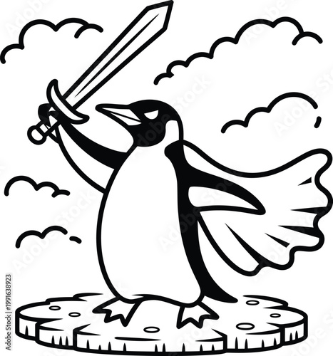 Cartoon penguin warrior holding a sword and wearing a cape standing on an ice floe