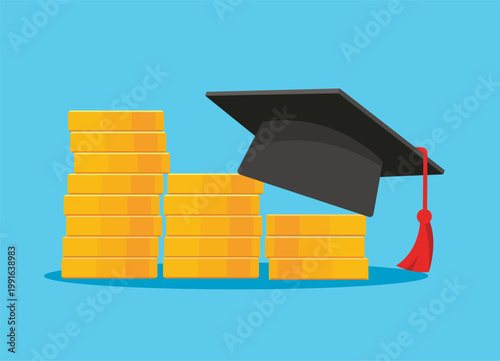 Graduation cap with money and coins for education investment