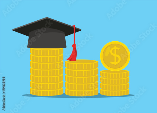 Graduation cap with money and coins for education investment