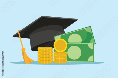 Graduation cap with money and coins for education investment